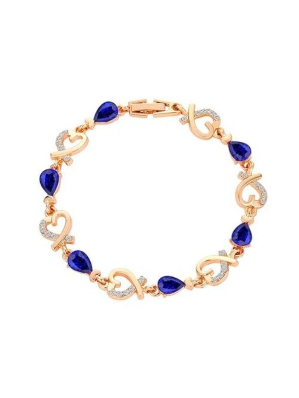 14K Gold Plated Sapphire Heart Link Bracelet Crystal Rhinestone bangle Bracelet